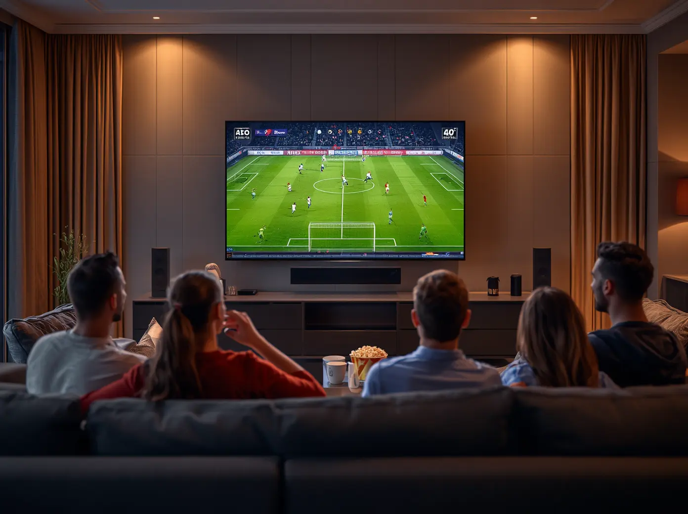 Excited friends watching live Premier League football on IPTV UK with all Sky Sports and TNT Sports channels included
